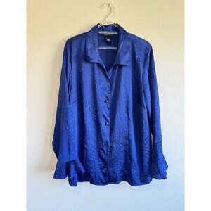 Maggie Barnes Women's Blue Textured Button Down Blouse Collared Ruffle 0X 14/16